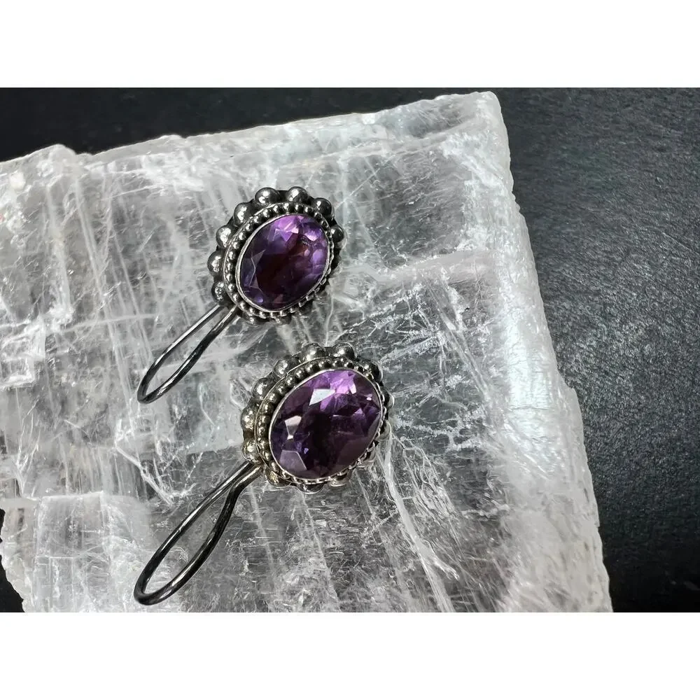 Vintage Balinese Sterling Silver Amethyst Drop Earrings Beaded Halo